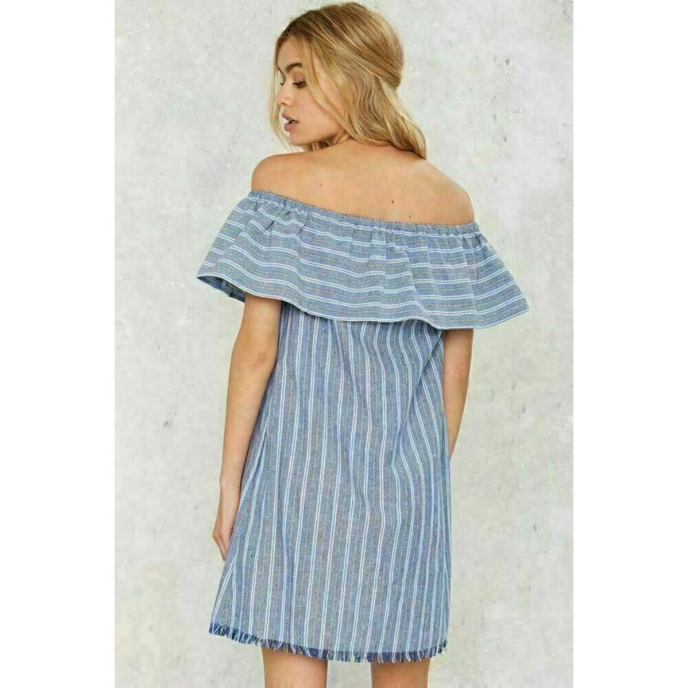 Nasty gal LOVERICHE Women's Blue Stripe Tulum Off-the-Shoulder Mini Dress Size S - Picture 14 of 16